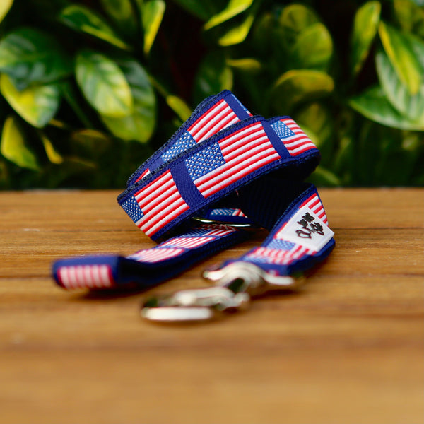 Dog leash featuring a blue ribbon adorned with American Flags. The leash has blue webbing and a heavy duty snaphook.