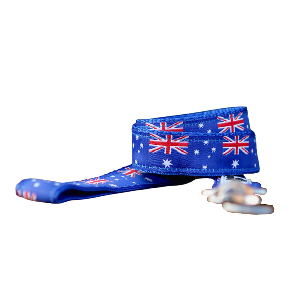 Dog leash featuring a blue ribbon adorned with Australian Flags. The leash is on blue webbing and has a heavy duty snaphook.
