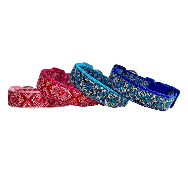 Four dog collars featuring Aztec themed ribbon. Available on baby pink, dark pink, baby blue and royal blue webbing.