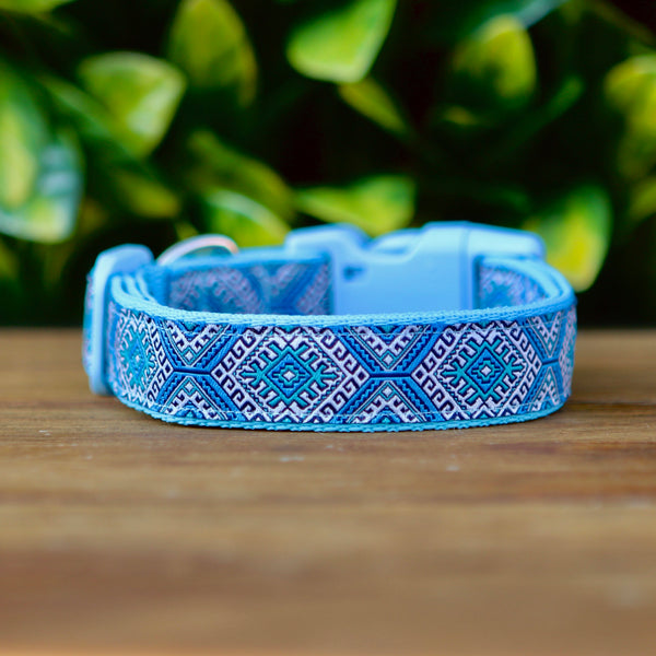 Dog collar featuring Aztec themed ribbon on baby blue webbing.