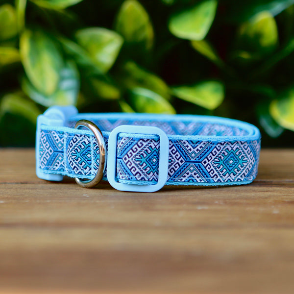 Dog collar featuring Aztec themed ribbon on baby blue webbing.