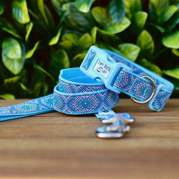 Dog collar and leash featuring Aztec themed ribbon on baby blue webbing.