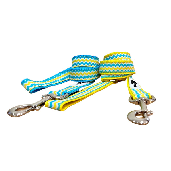 Dog leashes featuring a blue, yellow and white waves pattern. Available on baby blue and yellow webbing.