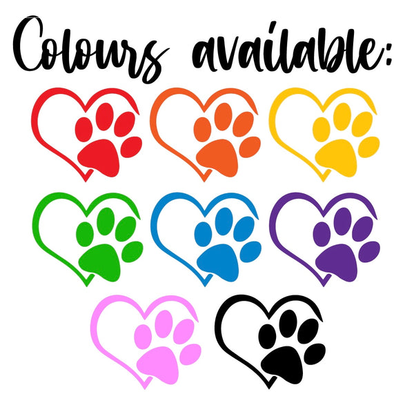 Love hearts with paw prints in a range of different colours to show available colours. Features the words 'Colours Available'.