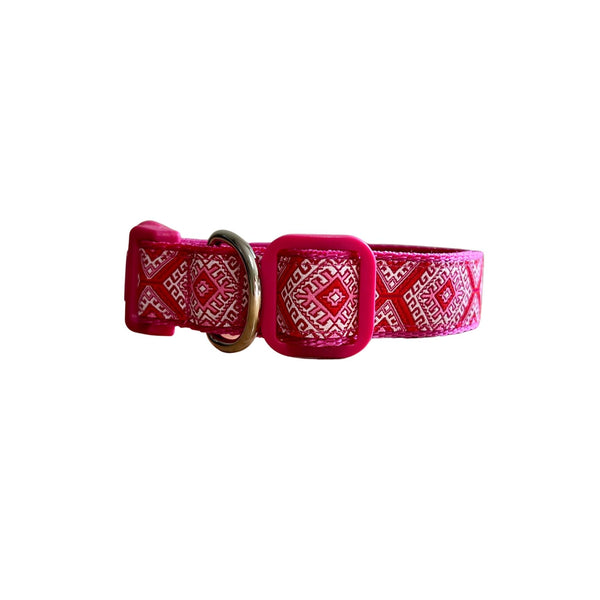 Dog collar featuring Aztec themed ribbon on dark pink webbing.