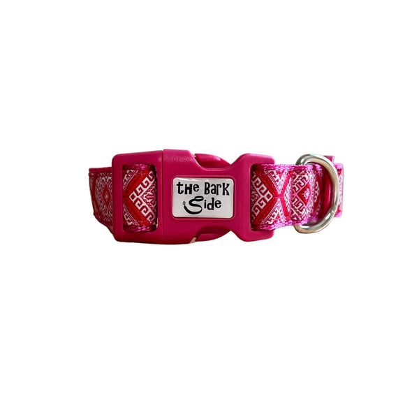 Dog collar featuring Aztec themed ribbon on dark pink webbing.