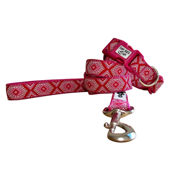 Dog collar and leash featuring Aztec themed ribbon on dark pink webbing.