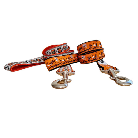 Two dog leashes featuring a variety of spooky Halloween themed designs. The leashes have orange and white ribbons on black and orange webbing.
