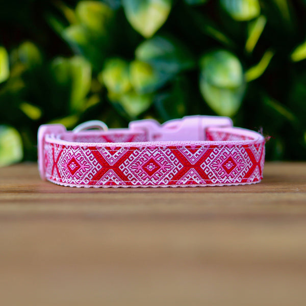 Dog collar featuring Aztec themed ribbon on baby pink webbing.