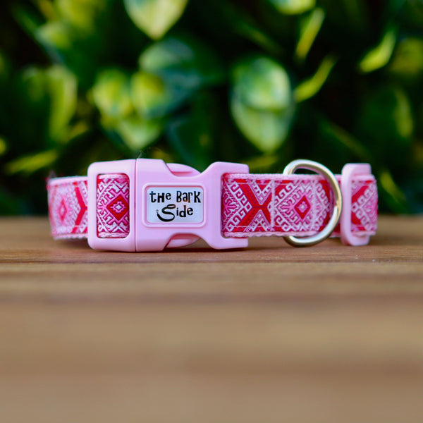 Dog collar featuring Aztec themed ribbon on baby pink webbing.