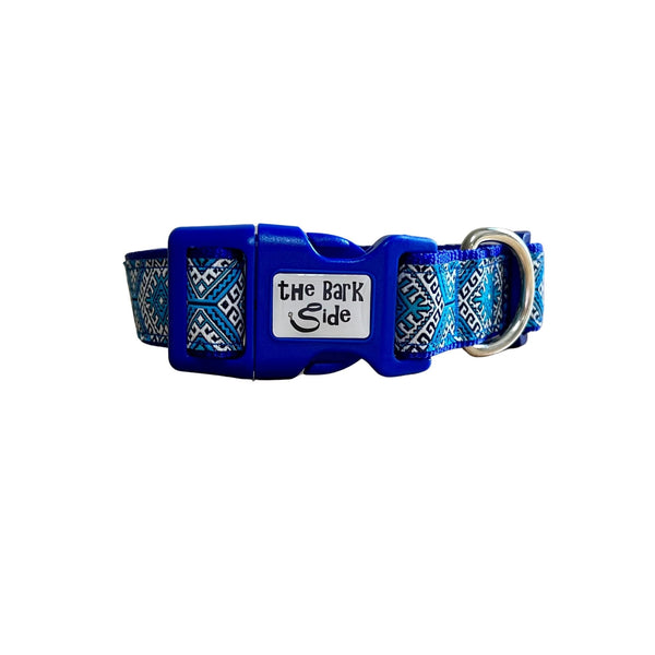 Dog collar featuring Aztec themed ribbon on royal blue webbing.