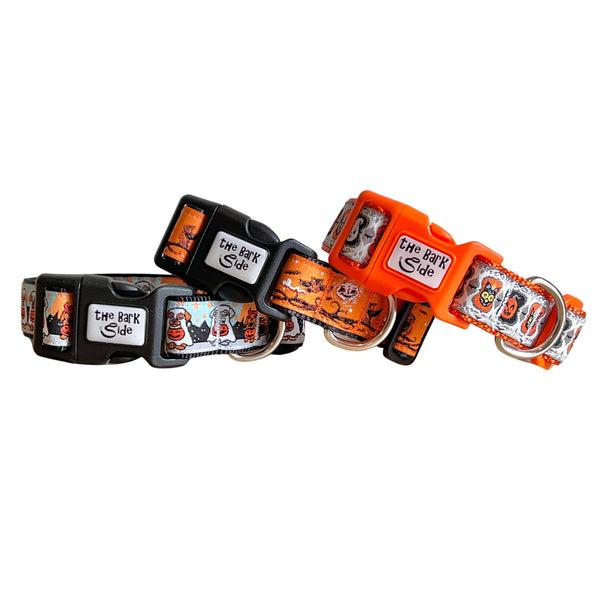 Dog collars featuring a variety of Halloween themed designs. The collars have black and orange webbing and buckles.