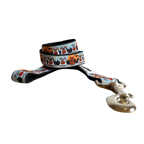 Dog leash featuring a spooky Halloween themed design on a multi coloured ribbon. The leash has black webbing.