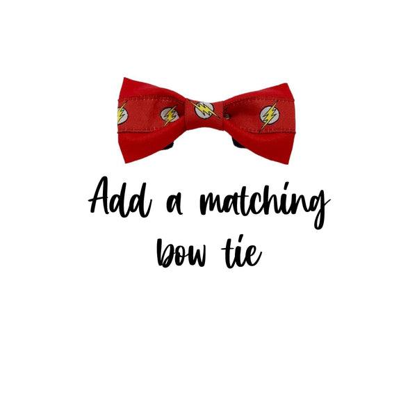 Red bow tie with 'The Flash' ribbon. Features the words 'Add a matching bow tie'.