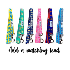 Numerous coloured and patterned dog leashes with heavy duty snaphooks and d-rings. Features the words 'Add a matching lead'.