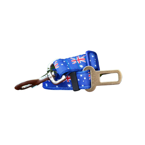 Pet Seatbelt featuring a blue ribbon adorned with Australian Flags. The seatbelt is made from blue webbing.