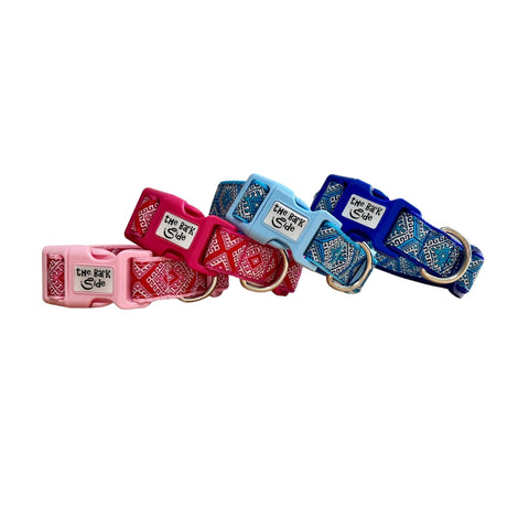 Four dog collars featuring Aztec themed ribbon. Available on baby pink, dark pink, baby blue and royal blue webbing. 