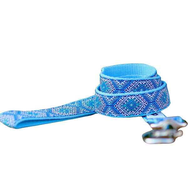 Dog leash featuring an Aztec themed ribbon on baby blue webbing.