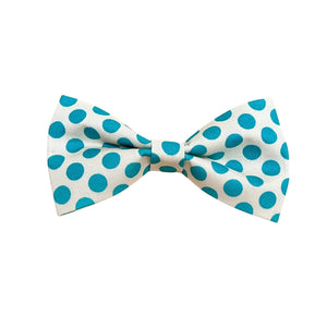 Natural coloured bow tie with large aqua spots. White background.