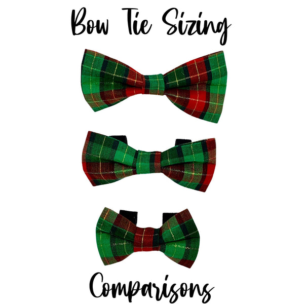 Three different sized bow ties, made from red and green tartan fabric. Features the words 'Bow Tie Sizing Comparisons'.