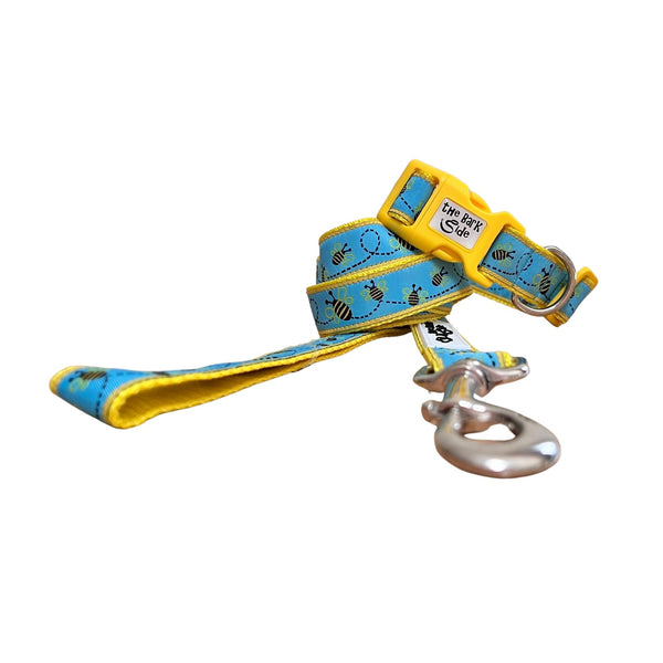 Dog collar and leash featuring a blue ribbon with bumble bee theme on yellow webbing.