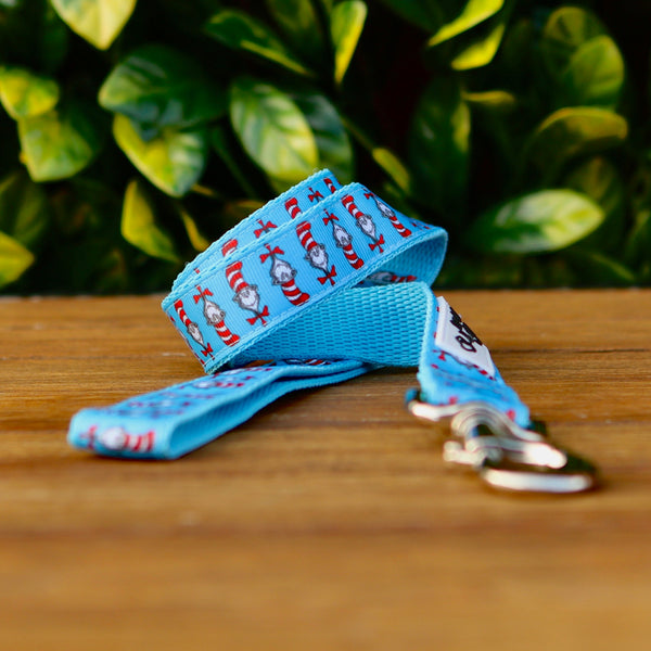 Dog leash with a blue ribbon featuring Cat in the Hat, on blue webbing. 