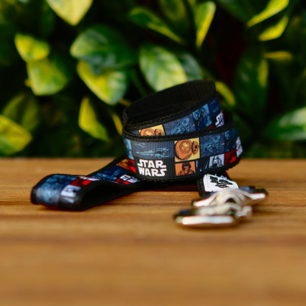 Dog leash featuring a ribbon with Star Wars theme, on black webbing. 