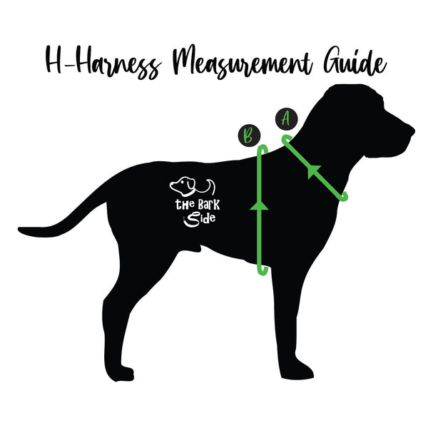 Instructions for measuring your dog for harness size. Contains a black silhouette of a dog. Features the words 'H-harness measurement guide'.