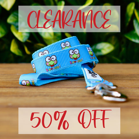 Dog leash featuring a blue ribbon with Keroppi frog pattern. Contains the words 'Clearance 50% off'.