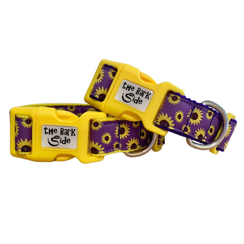 Dog collars with a cheerful sunflower design. The collars feature a pattern of bright yellow sunflowers on purple and yellow webbing. Suitable for dogs of all sizes.